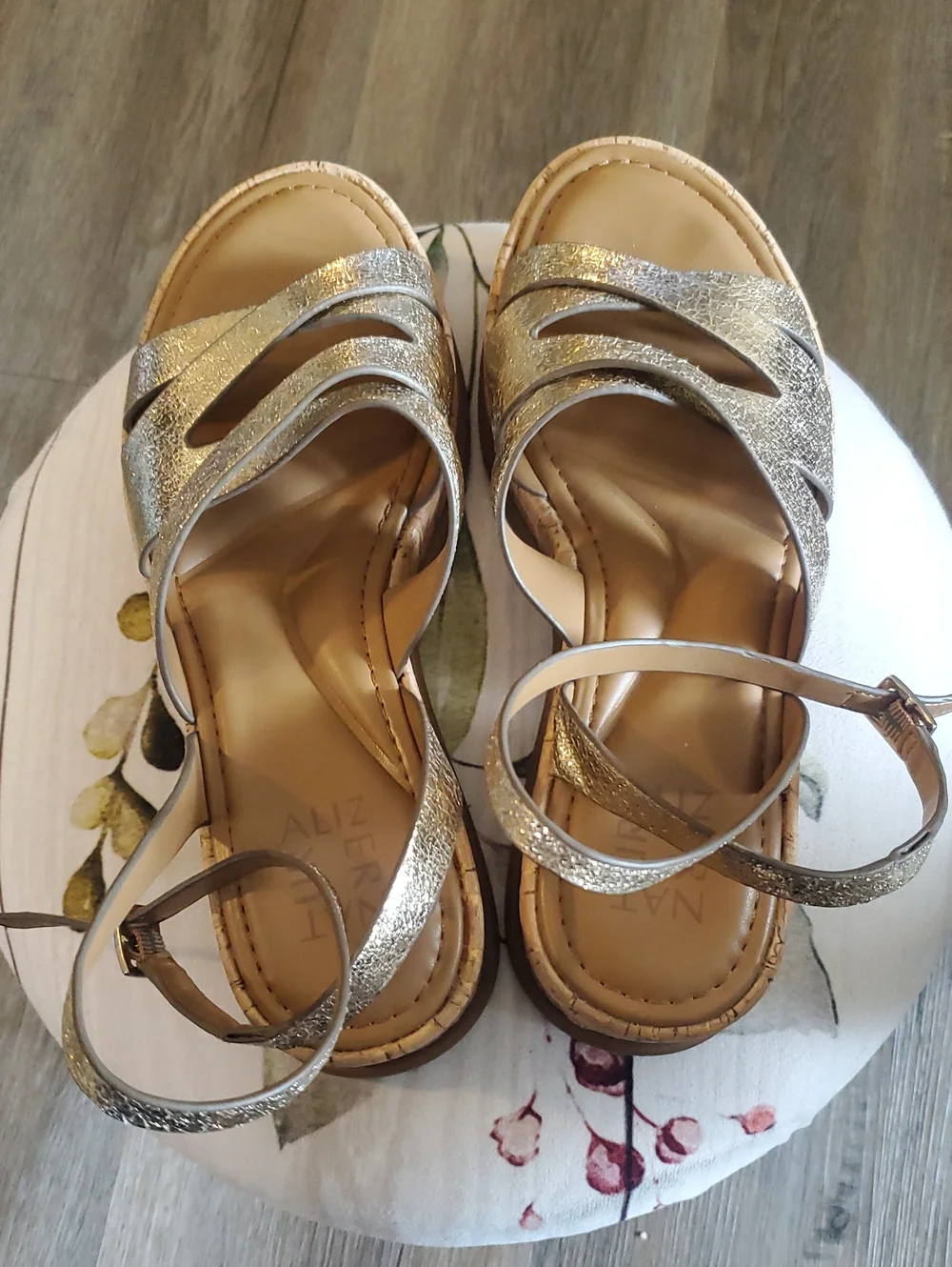 Naturalizer Gold Textured Platform Sandals with Ankle Strap